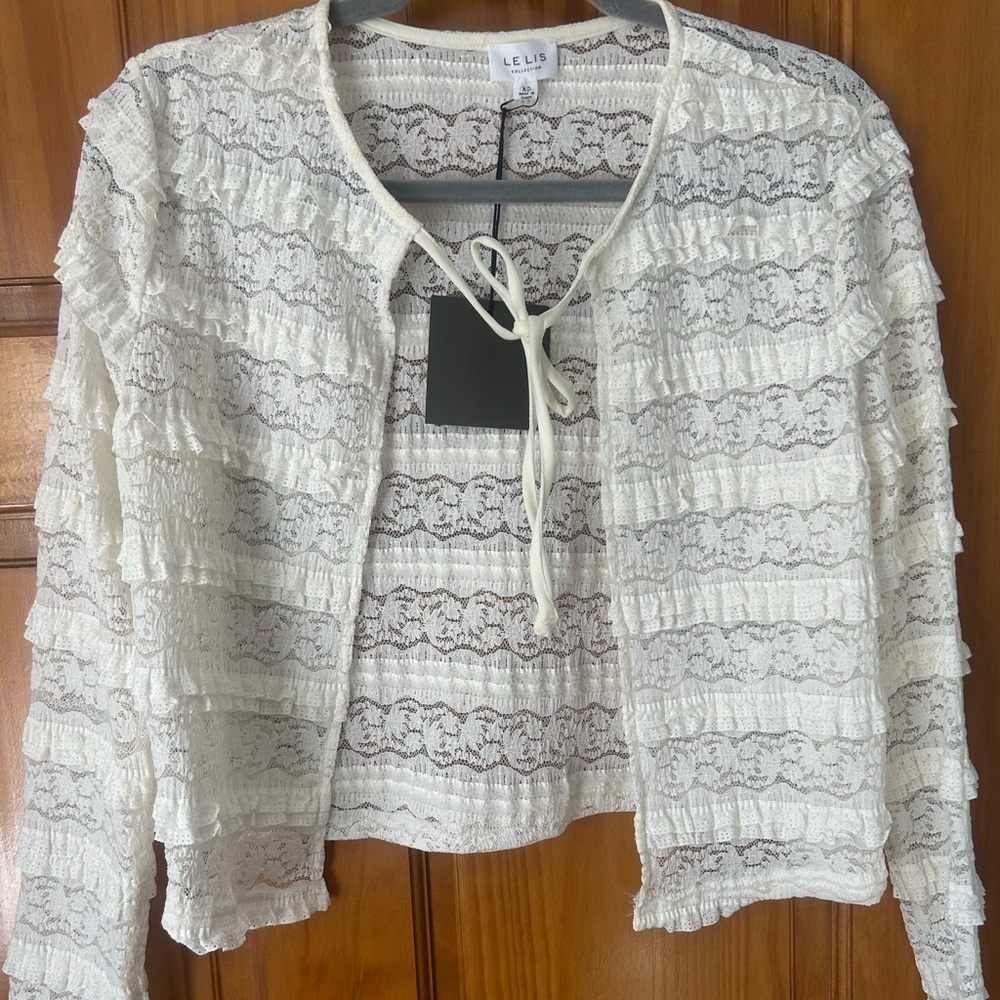 Le Lis Cream Lace Ruffle Tie-Front Top
